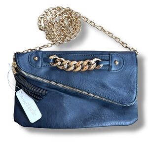 NEW Boutique Blue Gold Chain-Accent Tassel Crossbody Clutch Bag